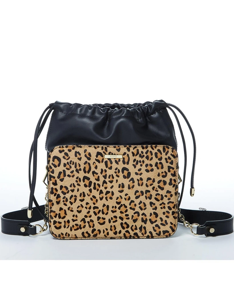 Susu Black Leather Bucket Bag Medium Size Leopard Print Purse for Women with Drawstring Design