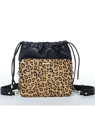 Susu Black Leather Bucket Bag Medium Size Leopard Print Purse for Women with Drawstring Design