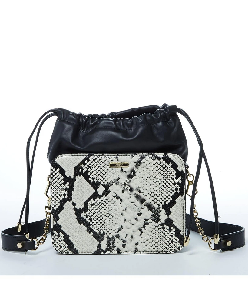 Susu Black Leather Bucket Bag Medium Size Purse with Snakeskin Print and Drawstring Design for Women