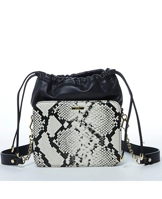 Susu Black Leather Bucket Bag Medium Size Purse with Snakeskin Print and Drawstring Design for Women