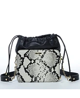 Susu Black Leather Bucket Bag Medium Size Purse with Snakeskin Print and Drawstring Design for Women