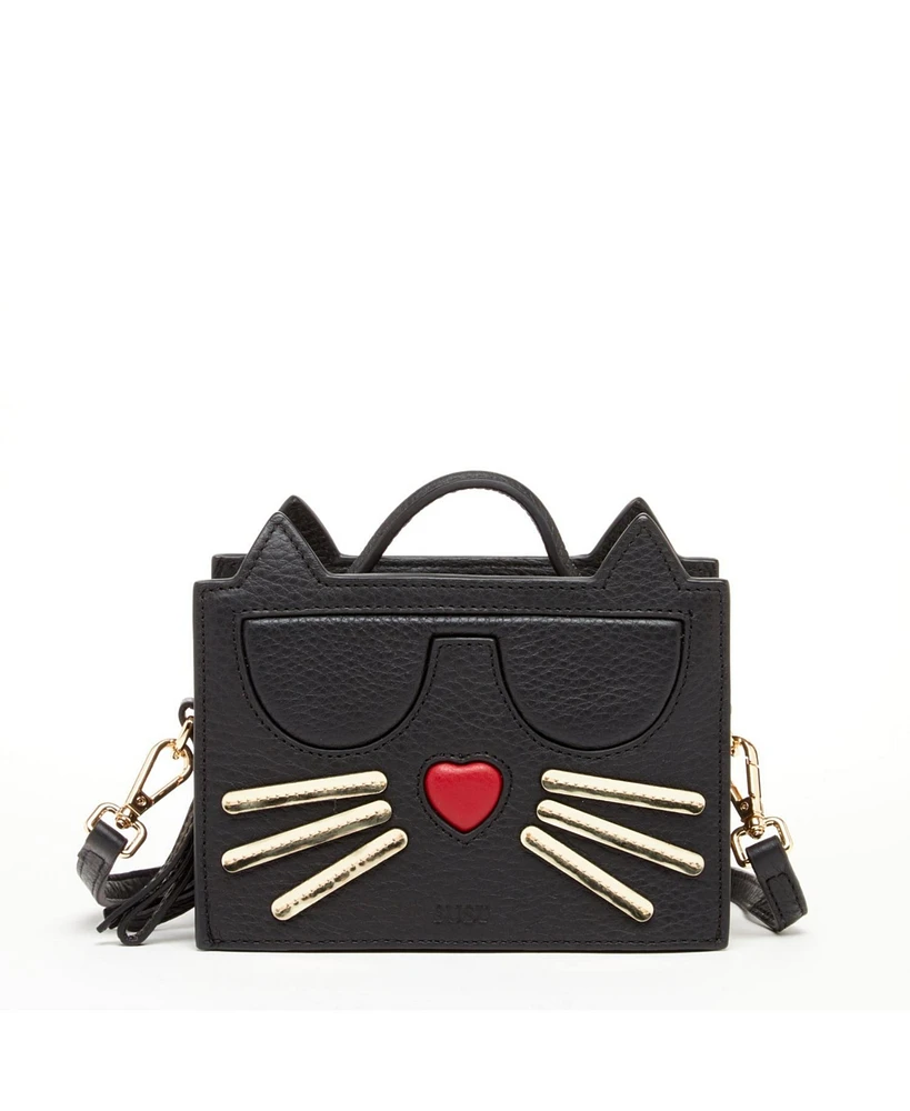 Susu Leather Cat Bag Black Crossbody Purse Women's Handbag with Top Handle and Adjustable Strap