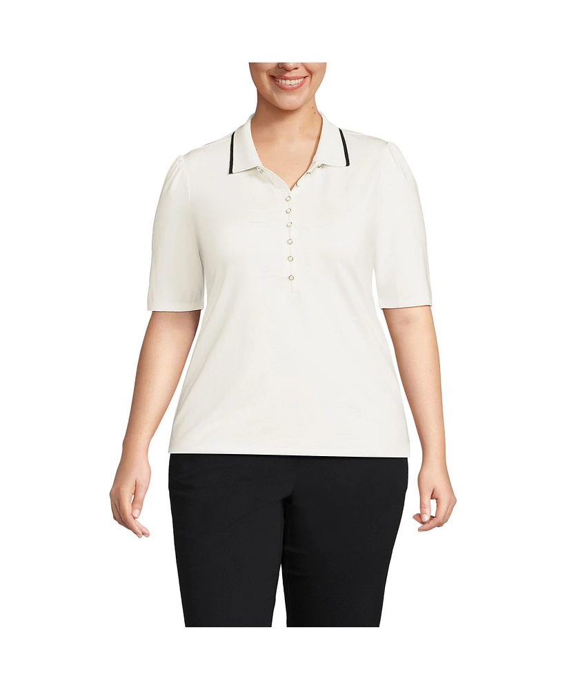 Lands' End Plus Elbow Sleeve Lightweight Jersey Embellished Polo