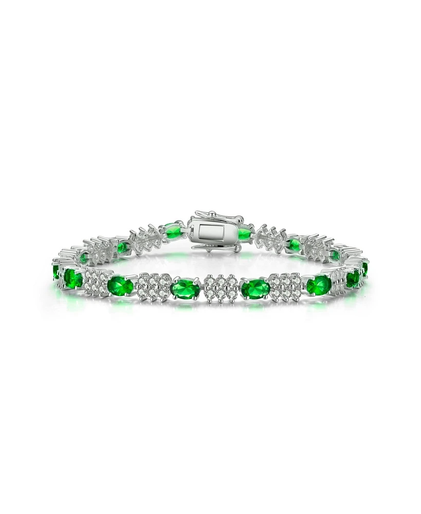 Sterling Silver White Gold Plated with Green, Clear, Pink, or Blue Cubic Zirconia Tennis Bracelet