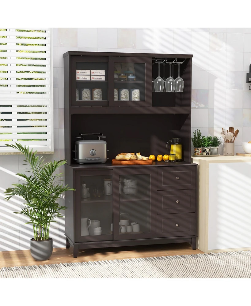Kitchen Pantry Storage Cabinet Hutch with Led lights and Power Outlet