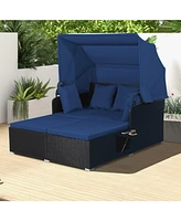 Patio Rattan Daybed with Retractable Canopy and Side Tables