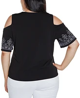 Belldini Plus Size Black Label Embroidered Cold-Shoulder Knit Top