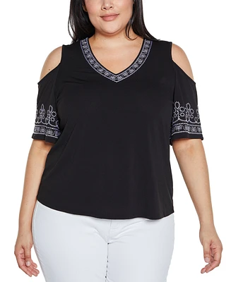 Belldini Plus Size Black Label Embroidered Cold-Shoulder Knit Top