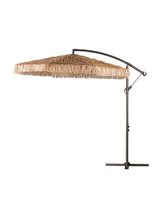 Aoodor 9ft Thatched Tiki Patio Umbrella, Cantilever Offset Umbrella with Hand-Push Tilt (No Base)