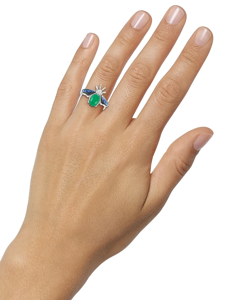 Abalone, Green Agate, & Marcasite Bee Ring in Sterling Silver