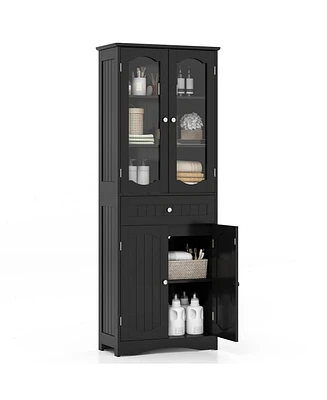 Bathroom Storage Cabinet with 2 Glass Doors and Adjustable Shelves Drawer