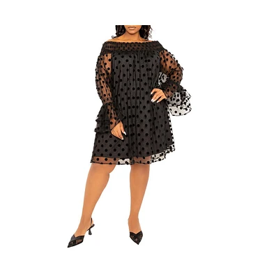 Buxom Couture Women's Plus Size Off Shoulder Polka Dot Dress