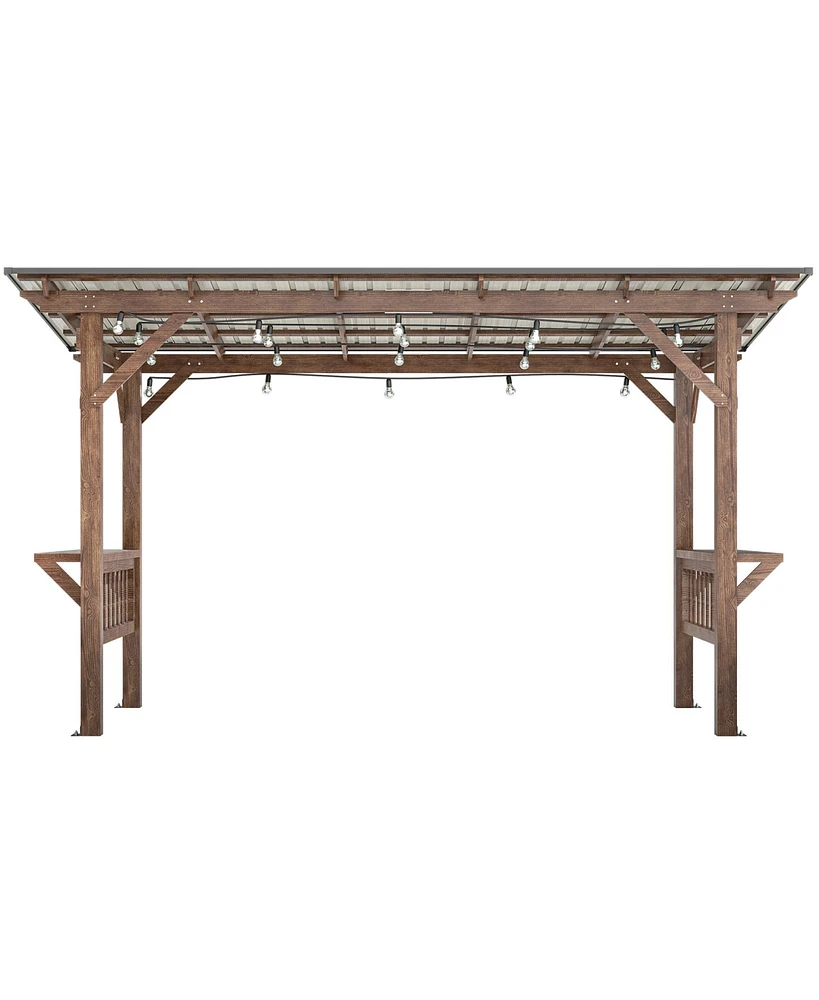 13' x 6.5' Wooden Pergola Grill Gazebo with Metal Roof & Bulbs & Bar Counters