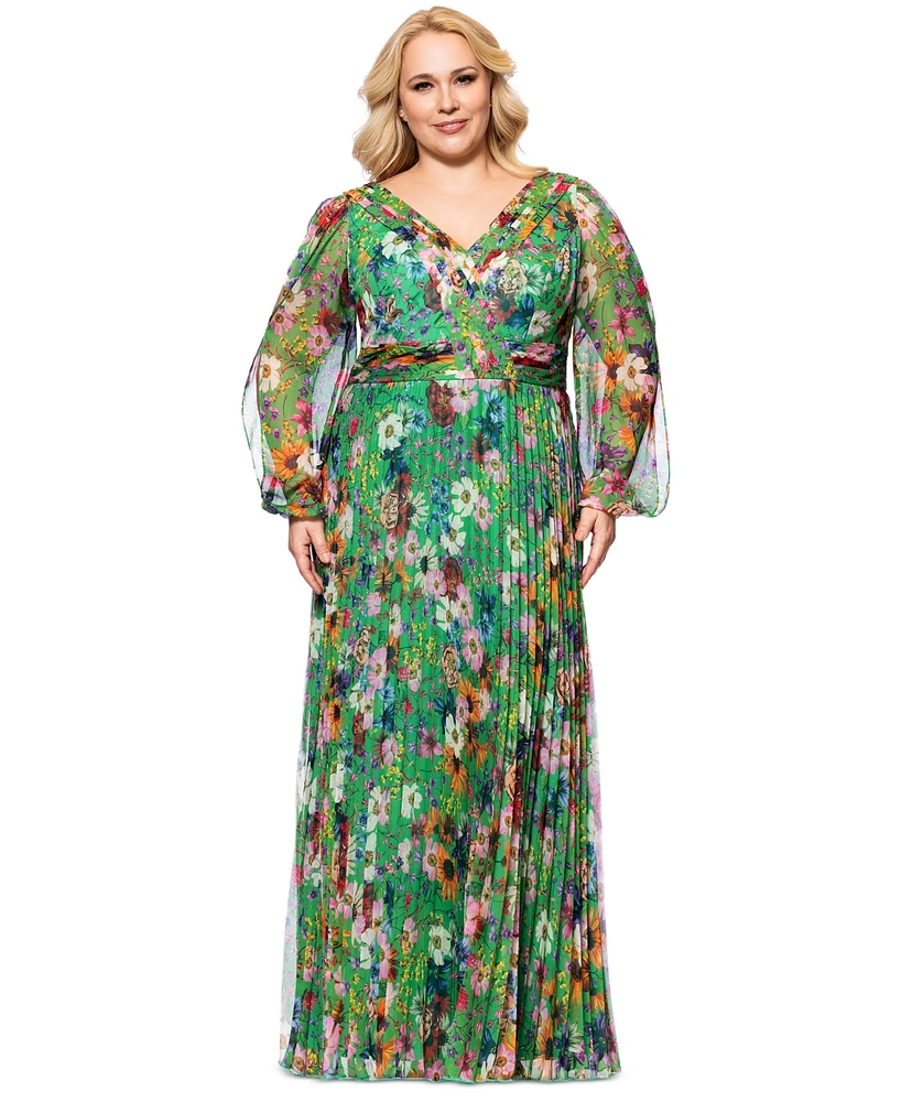 Betsy & Adam Plus Printed Pleated Long-Sleeve Gown