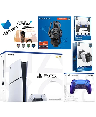Sony Playstation 5 Slim Disc Bundle with Extra Controller, Plantronics Headset, Fps Grip Kit, Dual Charge Dock and MightySkins Decal Voucher