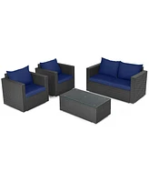 Gymax Set of Rattan Furniture Set Cushioned Sofa Chair Coffee Table Patio