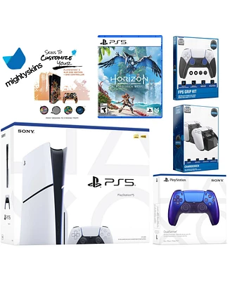 Sony Playstation 5 Slim Disc Bundle with Horizon Forbidden West, Extra Controller, Fps Grip Kit, Dual Charge Dock and MightySkins Decal Voucher