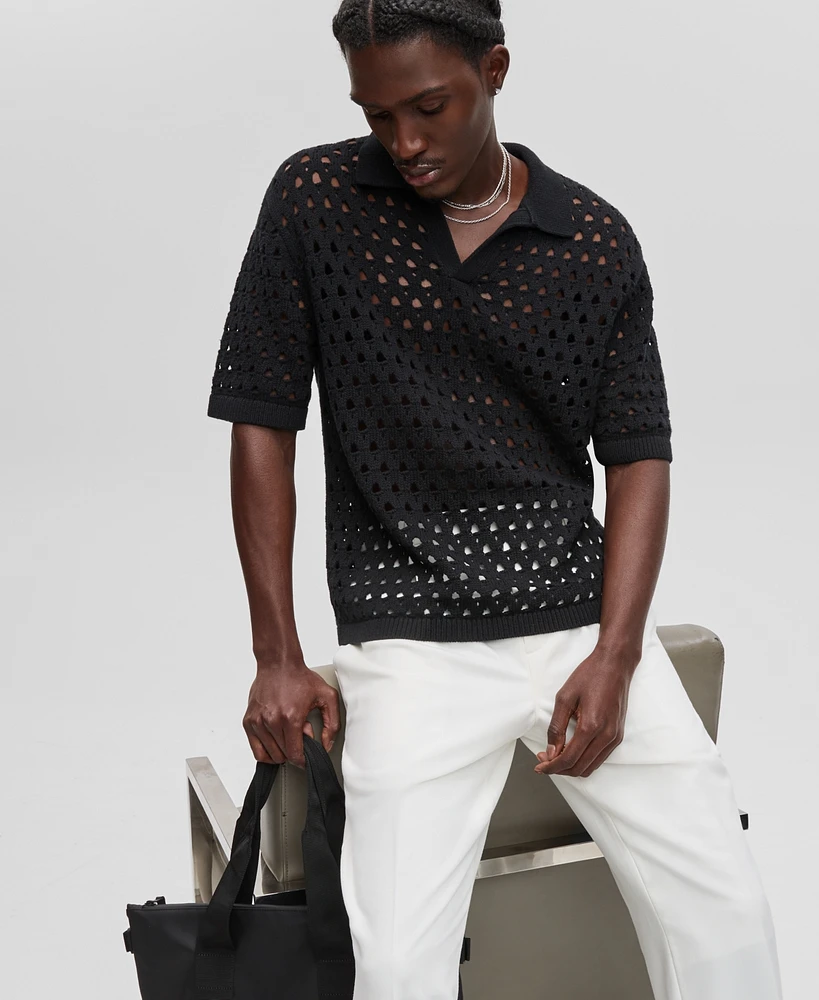 Mode of One Men's Johnny-Collar Open-Stitch Short-Sleeve Sweater, Exclusively at Macy's