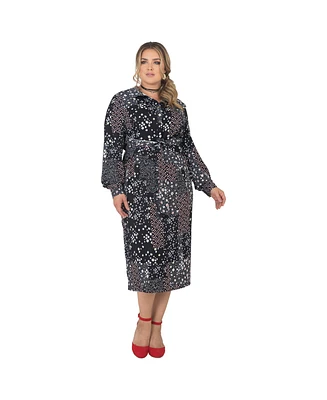 Standards & Practices Plus Long Sleeve Midi Shirt Dress Floral Print Tie-Front