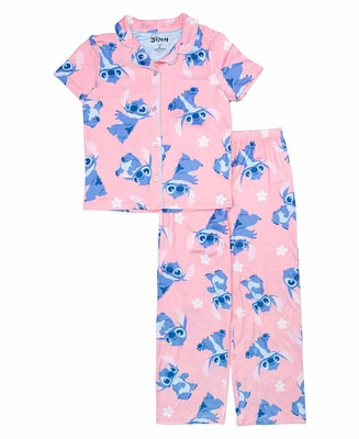Lilo Stitch Little and Big Girls Short Sleeve Button Down Sleep Shirt and Open Leg Pant, 2-Piece Pajama Set