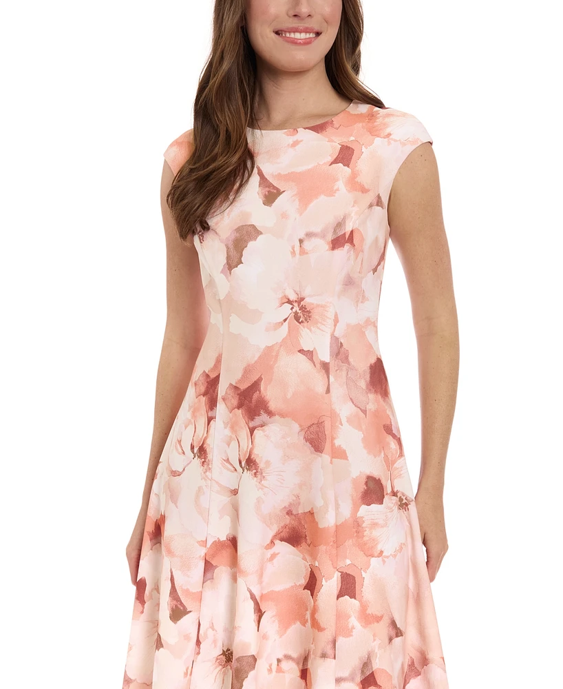 London Times Women's Floral Print Cap Sleeve Fit & Flare Dress
