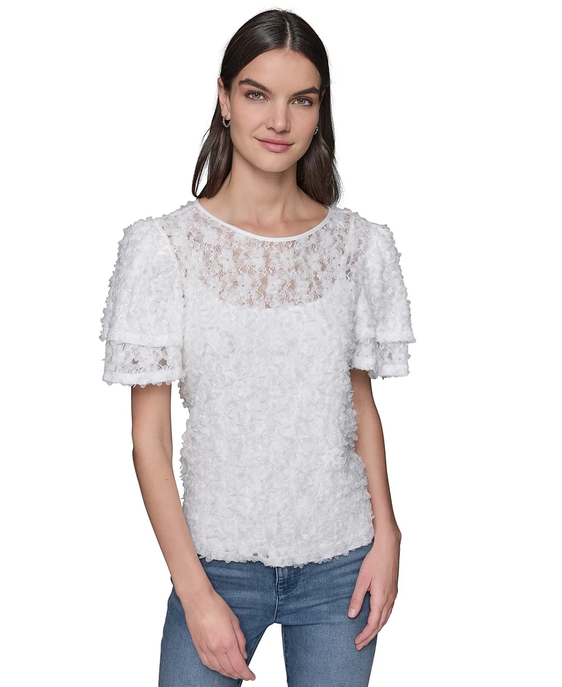 Karl Lagerfeld Paris Women's Ruffled-Sleeve Lace Top