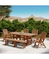 6-Piece Hdpe Rectangular Patio Dining Table Set with Foldable Chairs and Bench