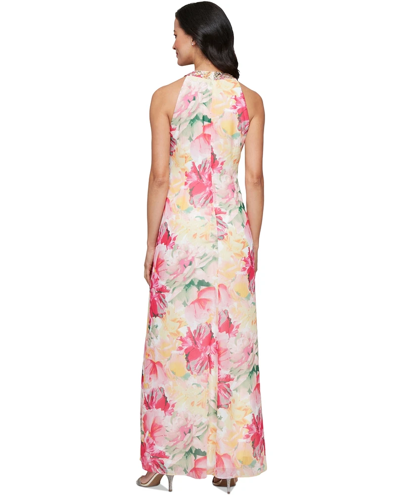 Sl Fashions Petite Beaded Halter Ruffled Chiffon Gown