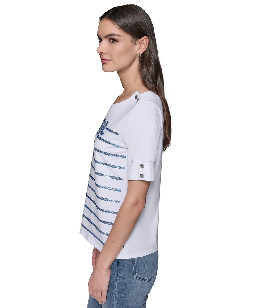 Karl Lagerfeld Paris Petite Sequined Striped Knit Top
