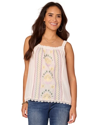 Democracy Petite Ruched Embroidered Square-Neck Top
