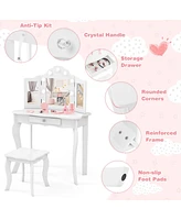 Kid Vanity Table Stool Set with Tri-Folding Mirror and 3-Color Led Lights