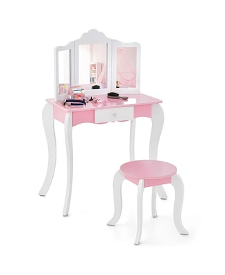 Kid's Wooden Vanity Table and Stool Set with 3-Panel Acrylic Mirror