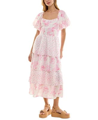 Crystal Doll Juniors' Floral-Print Bubble-Sleeve Smocked-Back Tiered Dress