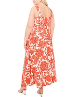 Vince Camuto Plus Printed Square-Neck Smocked-Back Sleeveless Maxi Dress