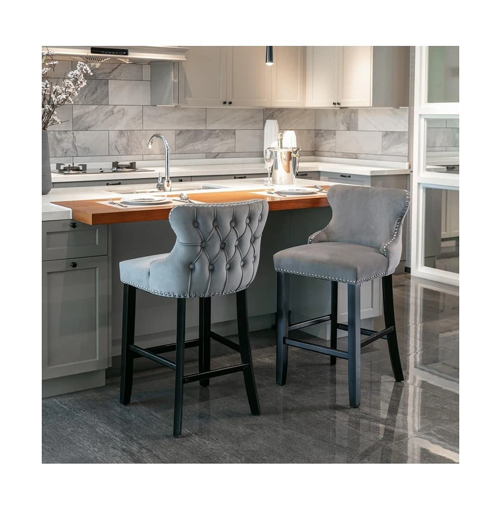 Velvet Upholstered Bar Stools with Button Tufted Wingback, Counter Height Chairs, Set of 2-The Pop Home