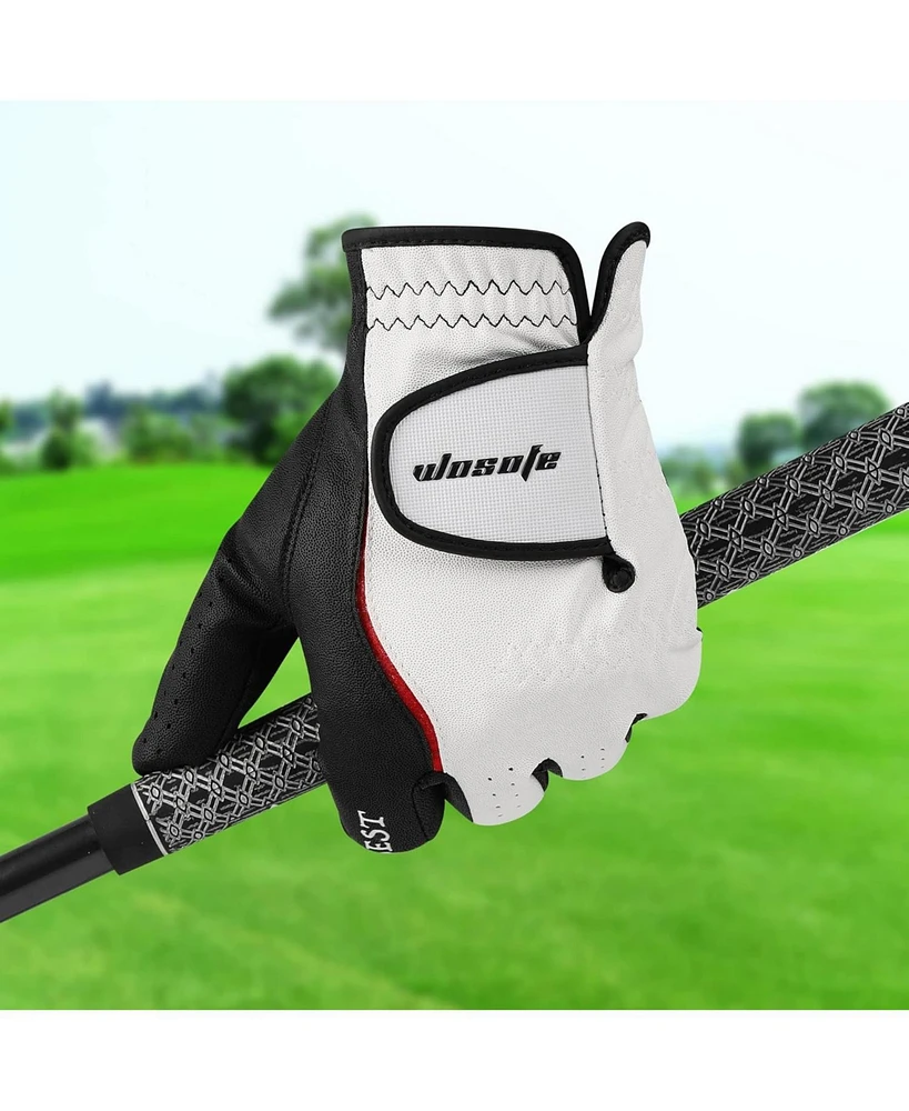 Wosofe Men s Golf Glove Left Hand Premium Leather Excellent Grip Super Soft Breathable Durable Fit All Weather with Golf Tee and Divot Repair Tool,Med