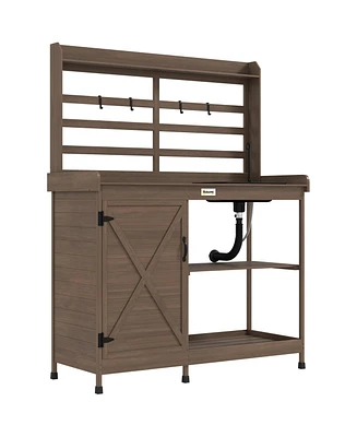 Outsunny Wooden Potting Bench with Storage, Aluminum Tabletop,