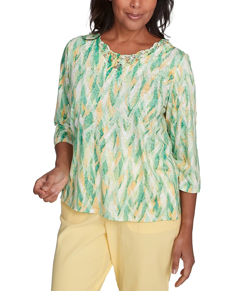 Alfred Dunner Petite Rise & Shine Bright Textured Strokes Embellished Top