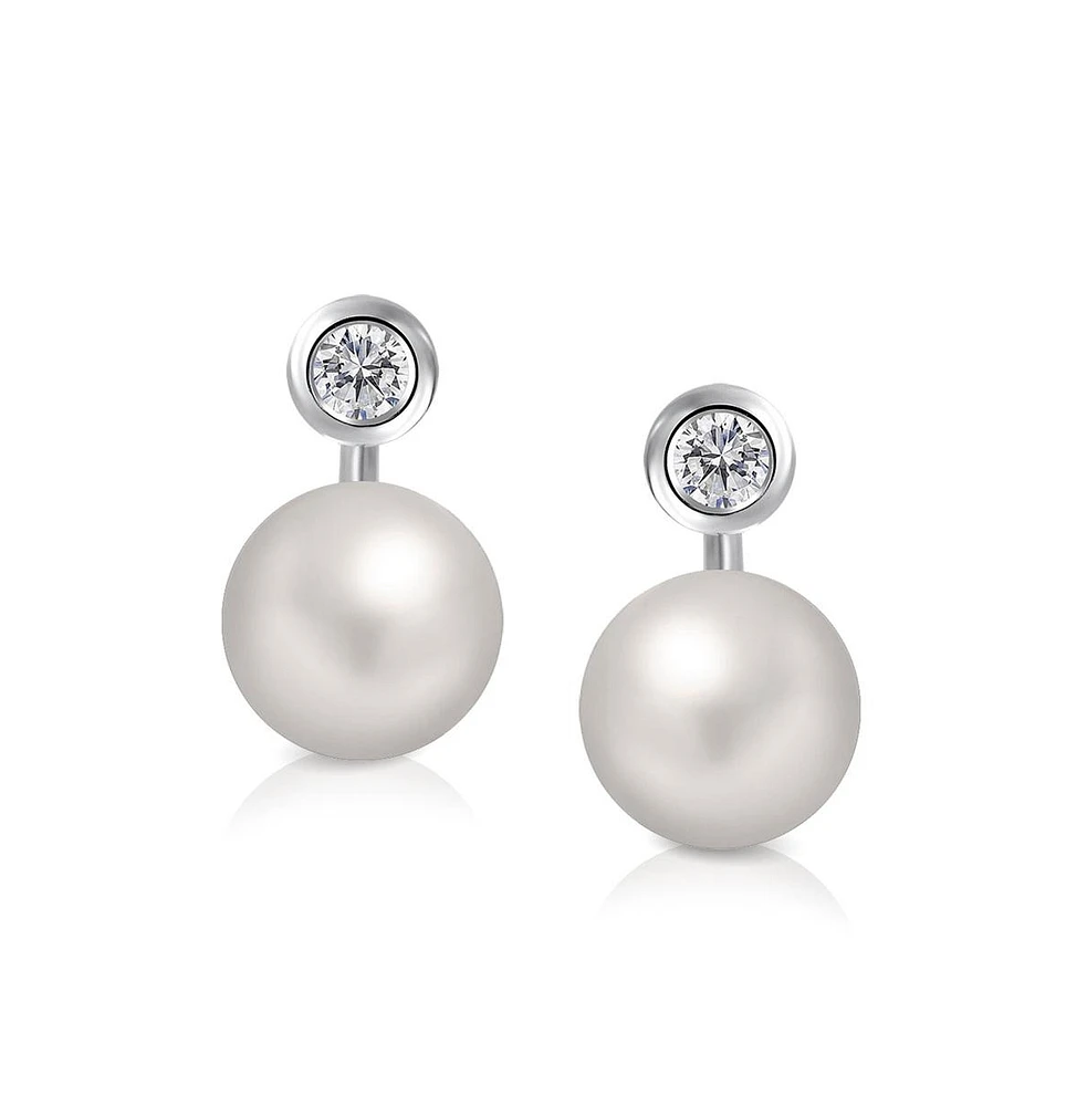 Bling Jewelry Modern Cz Solitaire Earring Jacket with Simulated Pearls in Sterling Silver