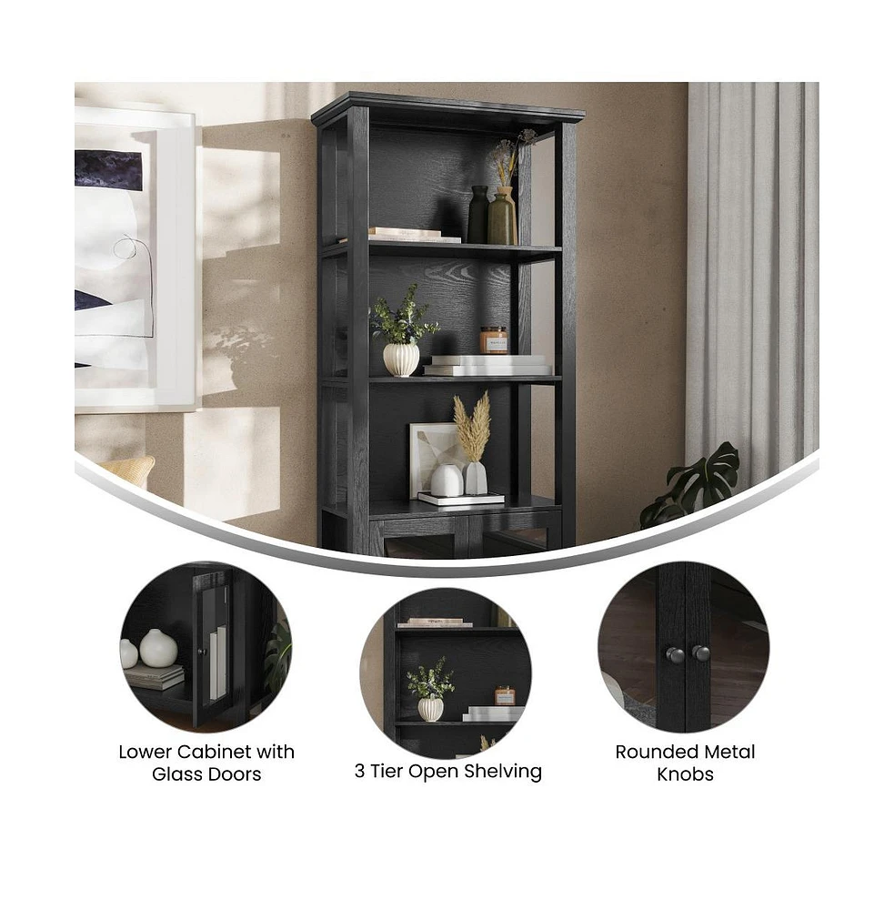 Omaha Modern Farmhouse Storage Cabinet Bookcase, Glass Doors And Open Shelves