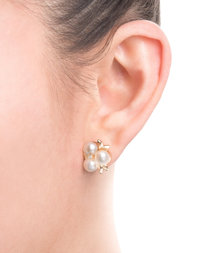 Belle de Mer Cultured Freshwater Pearl (6-7mm) & Diamond Accent Flower Cluster Stud Earrings
