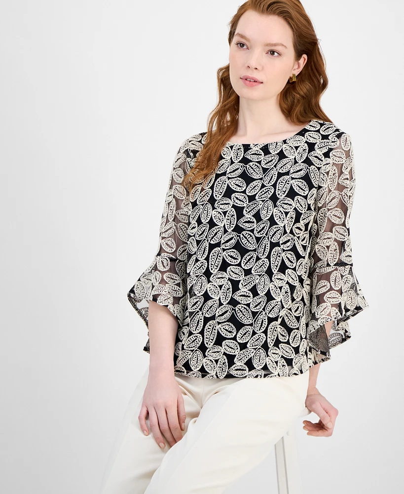 Kasper Women's Embroidered Ruffle-Sleeve Blouse, Regular & Petite Sizes