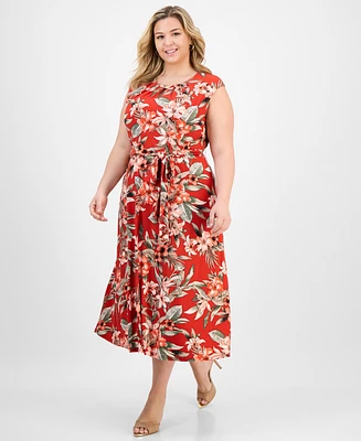 Kasper Plus Pleated Keyhole-Neck Belted Midi Dress