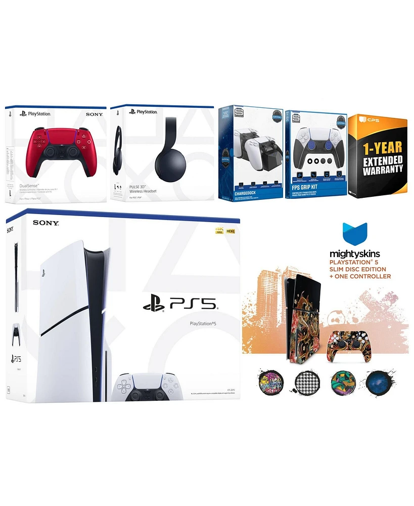 Sony Playstation 5 Slim Disc with Black Pulse Headset, Extra Volcanic Red Controller, Fps Grip Kit, Charge Dock and MightySkins Decal Voucher + 1 Year