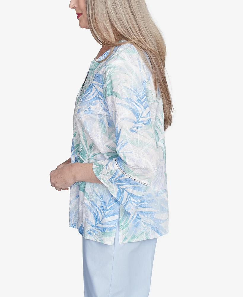 Alfred Dunner Women's St. Thomas Tropical Embroidered Button Front Collared Neck Top