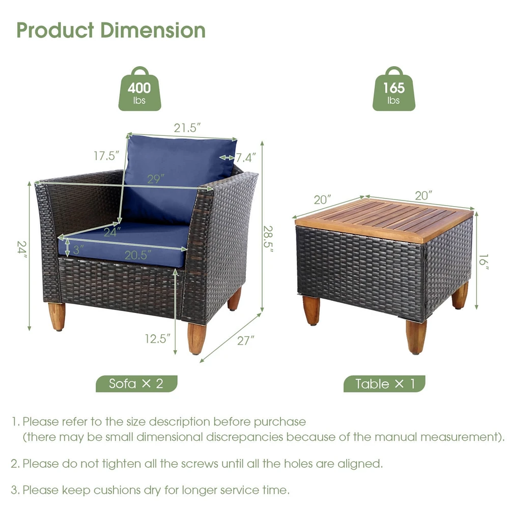 3PCS Patio Rattan Bistro Furniture Set Wood Table Top Cushion Sofa