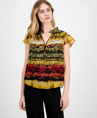 Anne Klein Women's Printed Ruffled-Neck Flutter-Sleeve Chiffon Top