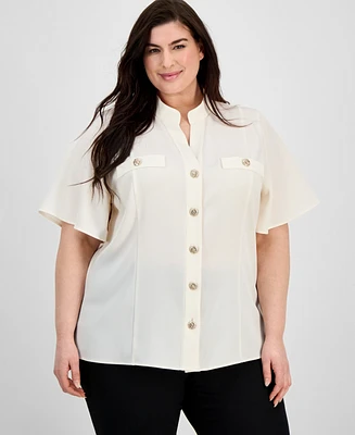Anne Klein Plus Split-Neck Flutter-Sleeve Button-Front Blouse