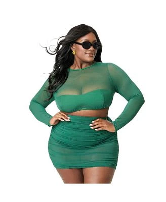 Plus Size Mesh Long Sleeve Swim Top Shirred Skirt Swim Bottom