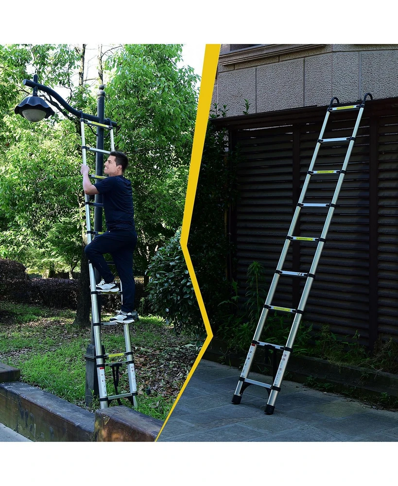 Telescopic ladder, 9.5 foot aluminum button telescopic ladder with 2 triangular stabilizers and hooks, multi-purpose ladder, maximum load-bearing capa